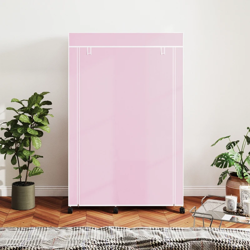 HOMCOM Stoff-Kleiderschrank mit Rollen Tragbarer Kleiderschrank mit 6 Regalen und 1 Kleiderstange für Schlafzimmer 103x43x162,5cm Rosa