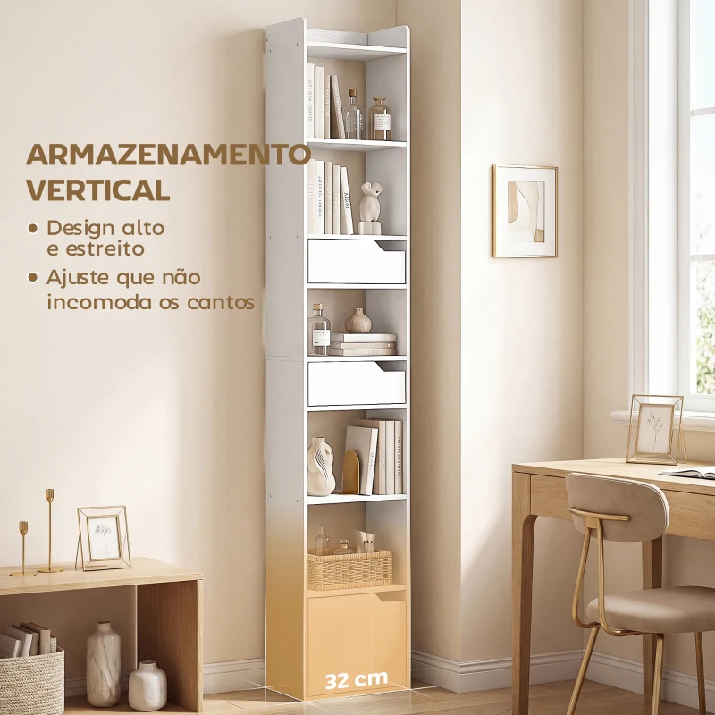 HOMCOM Estante para Livros com 2 Gavetas e Porta Estante Estreita com 6 Prateleiras Abertas 32x24x181,5 cm Branco