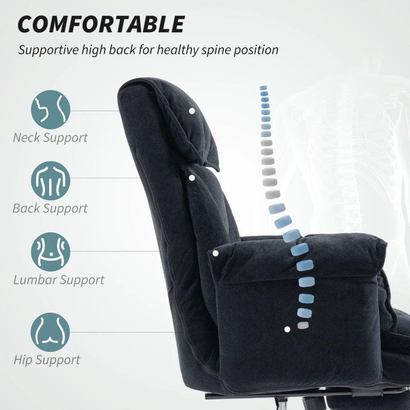 HOMCOM Scaun de Birou Rabatabil cu Suport pentru Picioare, Spătar Înalt, Înălțime Reglabilă și Roți, Negru