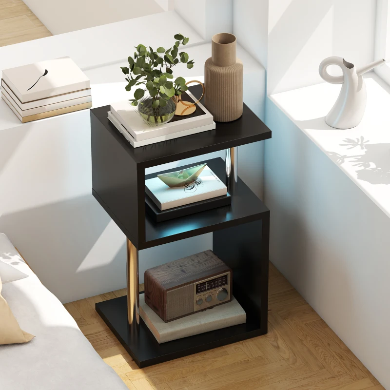 HOMCOM Beistelltisch mit 3-stufiger LED-Leuchte mit Ablagen und Aluminiumgestell für Wohnzimmer Schlafzimmer 44x38x75 cm Schwarz