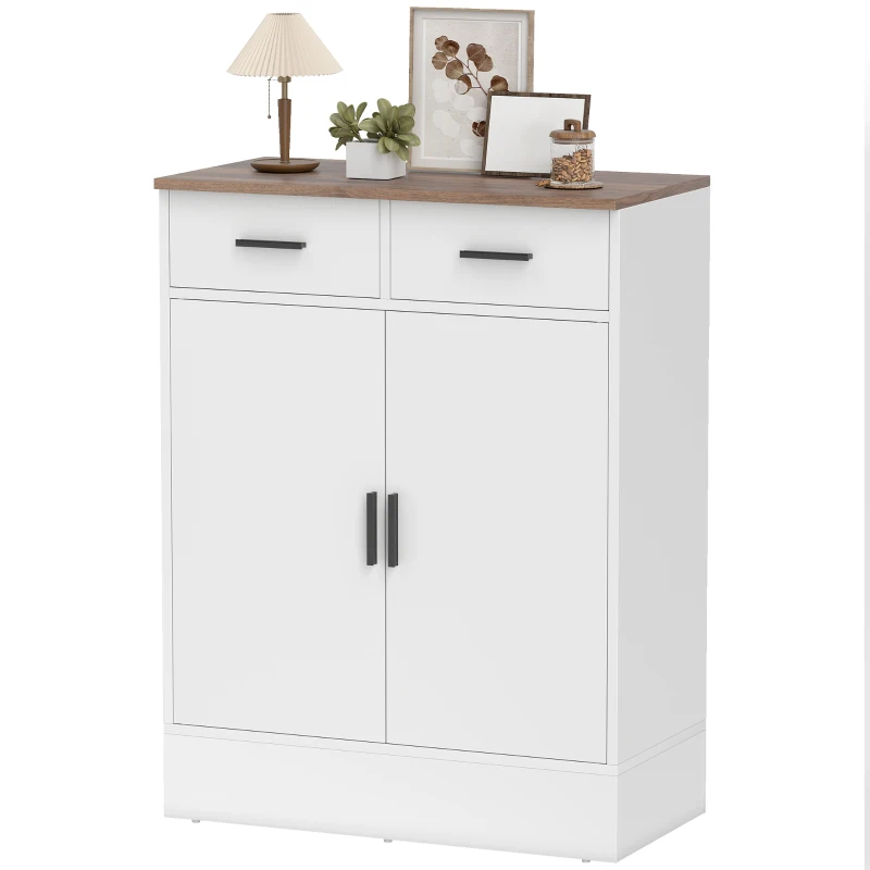 HOMCOM Modernes Sideboard 2 Schubladen und 2-türiger Schrank, Innenverstellbares Regal, Weiß und Holz