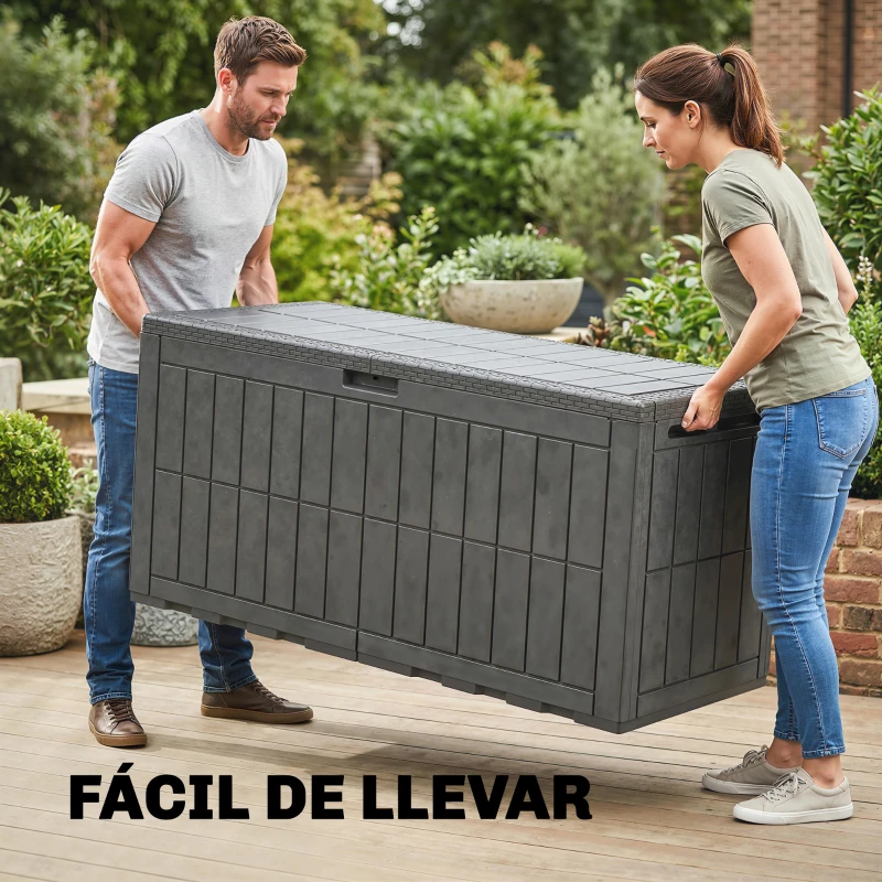 Outsunny Arcón Exterior Capacidad 440L de Resina Resistente al Agua y a los Rayos UV con Tapa Bloqueable Barras de Gas Café