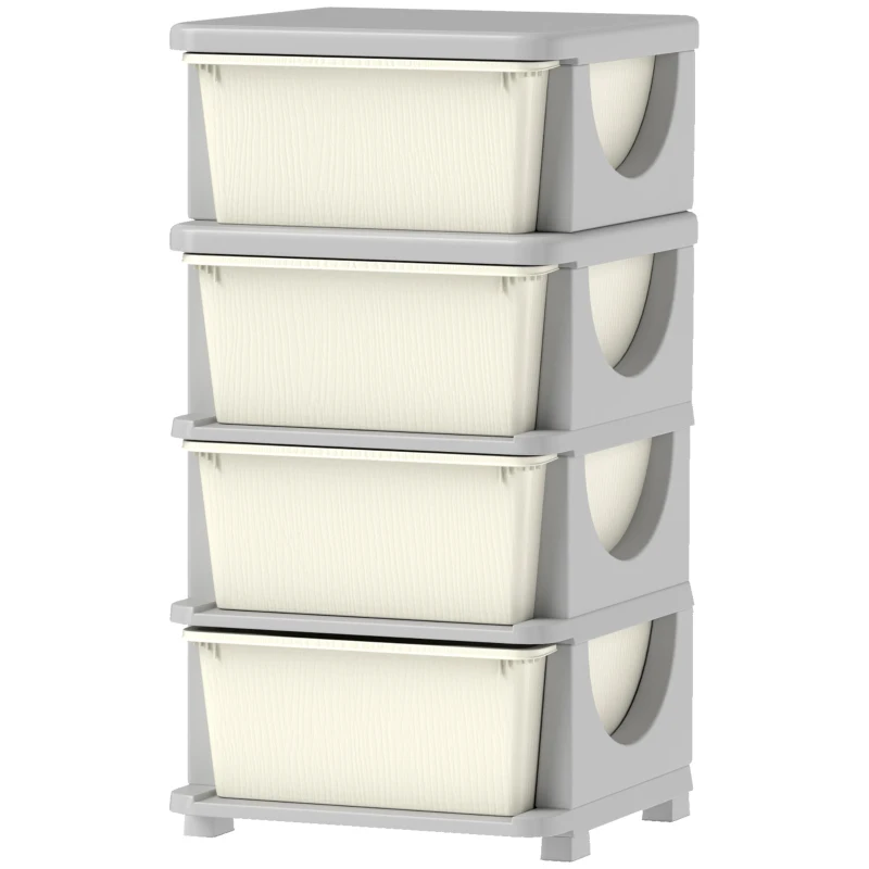HOMCOM Torre de Almacenamiento Infantil con 4 Cajones para Niños de +3 Años con Bordes Redondeados y Asas 37x37x76 cm Crema