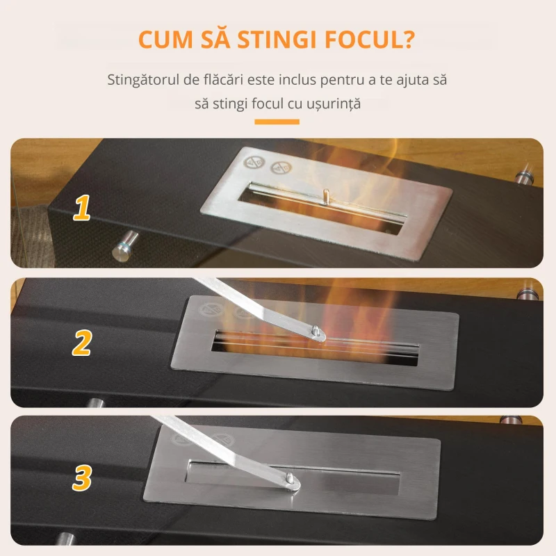 HOMCOM Semineu cu bioetanol din metal si sticla securizata cu ardere de 3 ore cu rezervor de 1,5 l si capac de 25 m², 60x26x50cm, negru