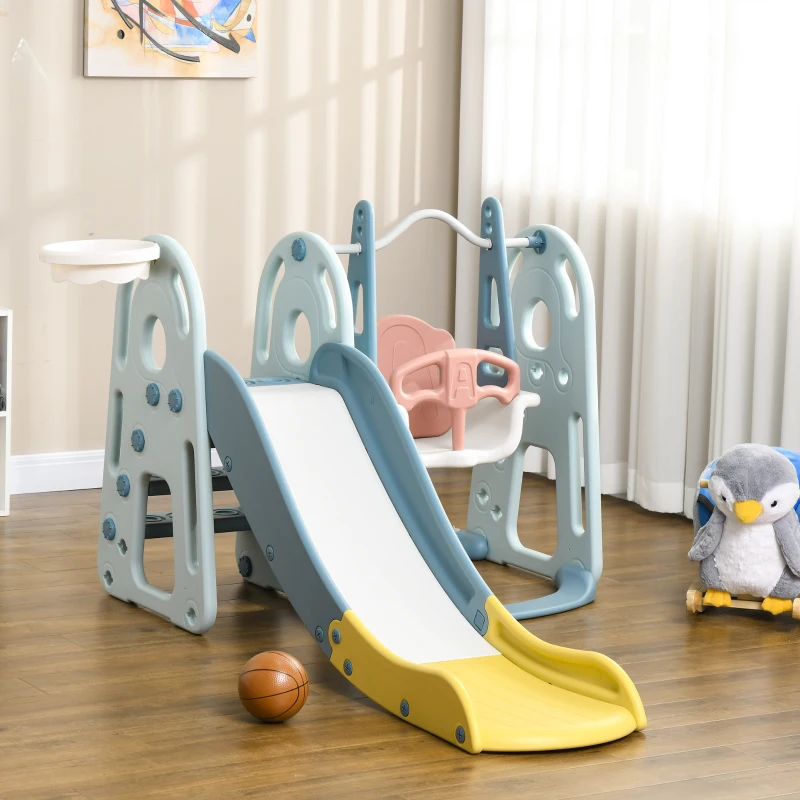 HOMCOM Portique Enfant Toboggan et balançoire avec Panier de Basket-Ball Aire de Jeux 3 en 1 Usage intérieur et extérieur dim. 190 x 150 x 100 cm