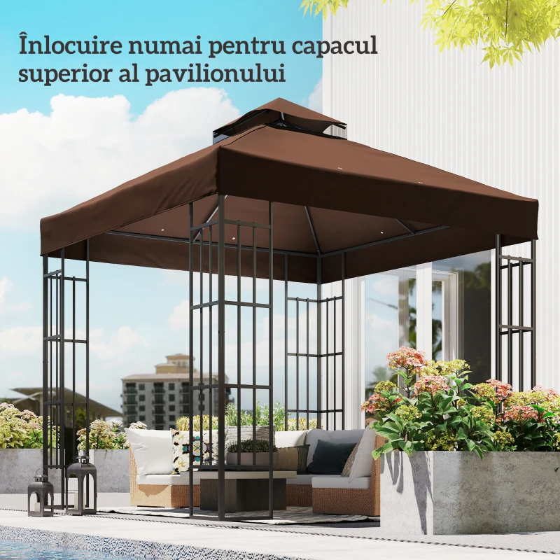 Outsunny Acoperiș de Schimb pentru Foișor 3x3 m cu 2 Niveluri pentru Grădină, Pânză Rezistentă la Apă din Țesătură Oxford 370g/㎡ Anti-UV 30+ cu Orificii de Drenaj, Cafea