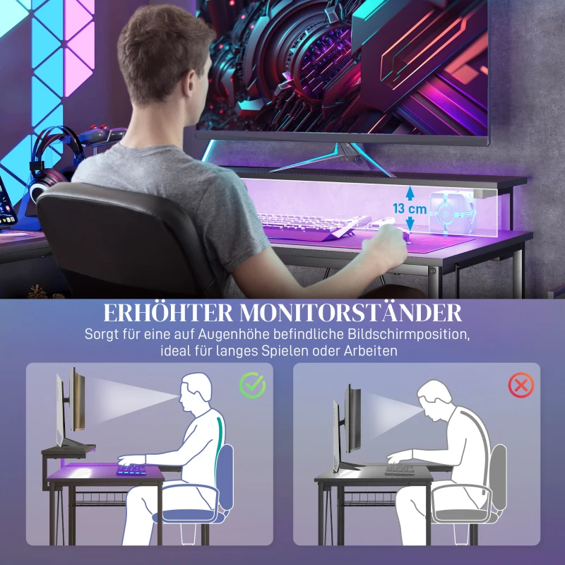 HOMCOM L-vormig bureau met LED, stopcontacten, USB, computertafel met plank, 107 x 80 x 90 cm, Zwart