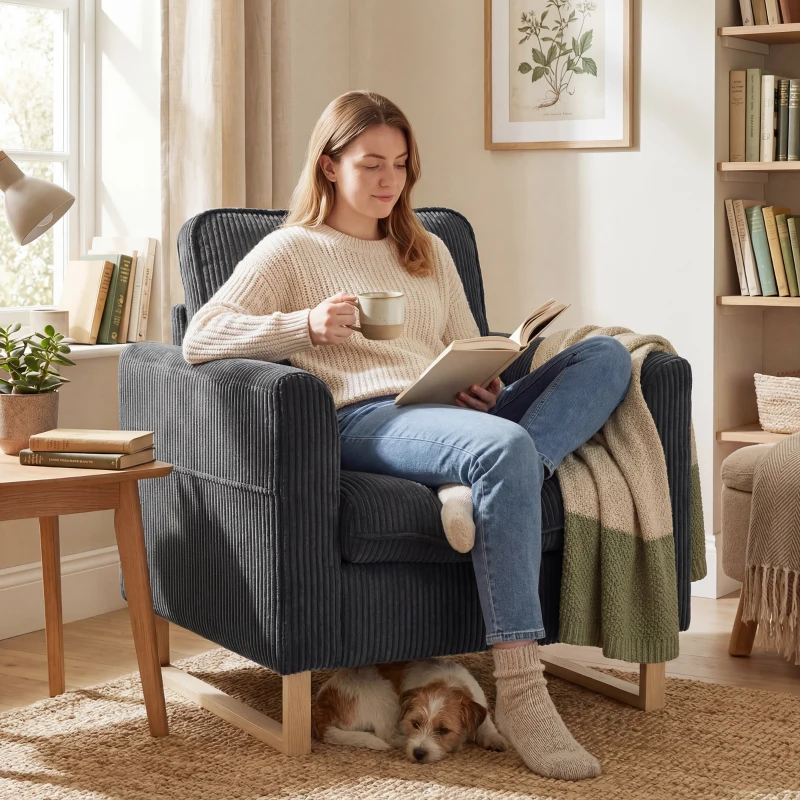 HOMCOM Accent Chair with Pocket Spring, Modern Industrial Armchair with Metal Legs for Livingroom Dark Grey