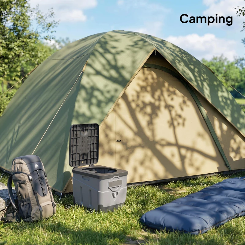 Outsunny WC Portabil de Camping cu 12 Pachete de Coagulant și 12 Pungi de Eliminare, 34x29x20 cm, Gri Închis