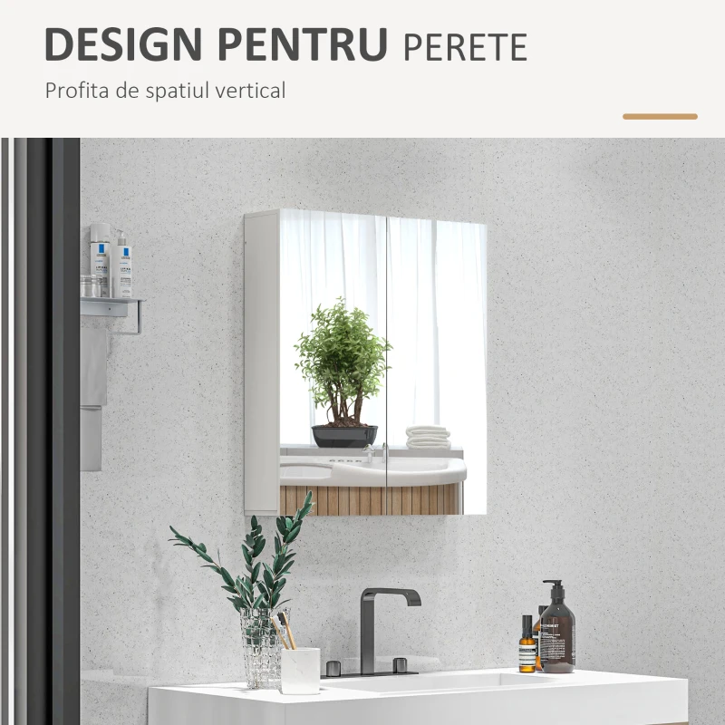 kleankin Dulap cu Oglindă pentru Baie cu 2 Uși Soft Close, 60x15x60 cm, Rafturi Reglabile, Dulap Suspendat Spațiu Economic, Alb Lucios