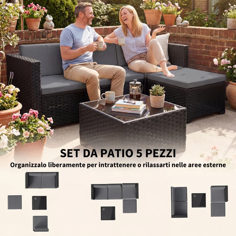 Outsunny 5-Piece Modular Wicker Garden Set with Cushions, Gray Corner Sofa