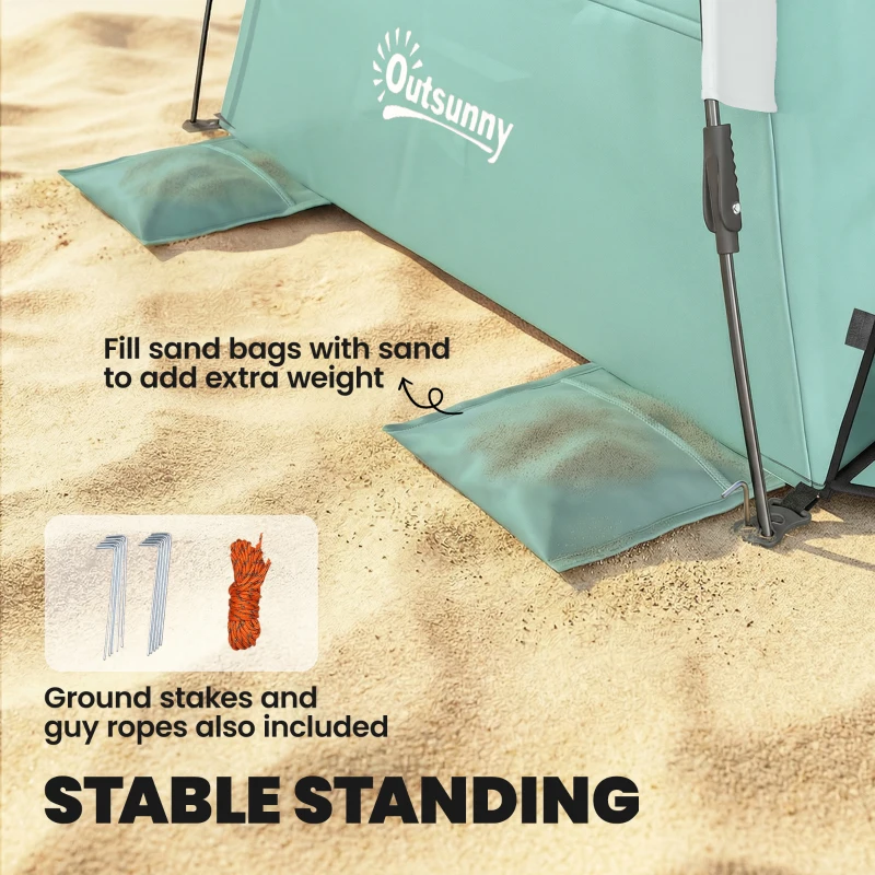 Outsunny 2-3 Person Pop Up Beach Tent, UPF15+ Sun Shelter with Extended Floor, Sandbags, Mesh Windows and Carry Bag, Green
