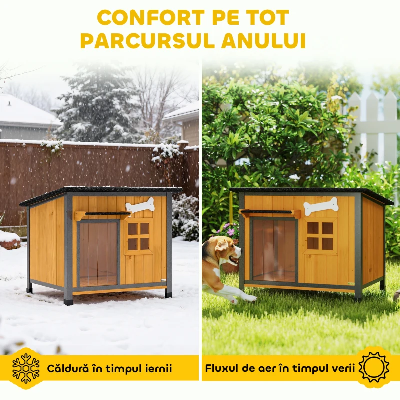PawHut Cușcă pentru câini de exterior din lemn și oțel rezistent la mușcături, cu acoperiș rabatabil și perdea pentru ușă, galben