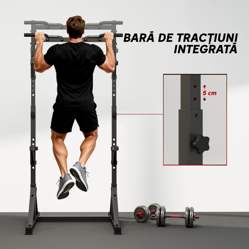 SPORTNOW Suport pentru Genuflexiuni Reglabil pe Înălțime, Suport Dublu pentru Haltere cu Spațiu Depozitare și Bară Tracțiuni, Rack Multifuncțional pentru Antrenamente Acasă sau Birou, Max 200 kg, Negru