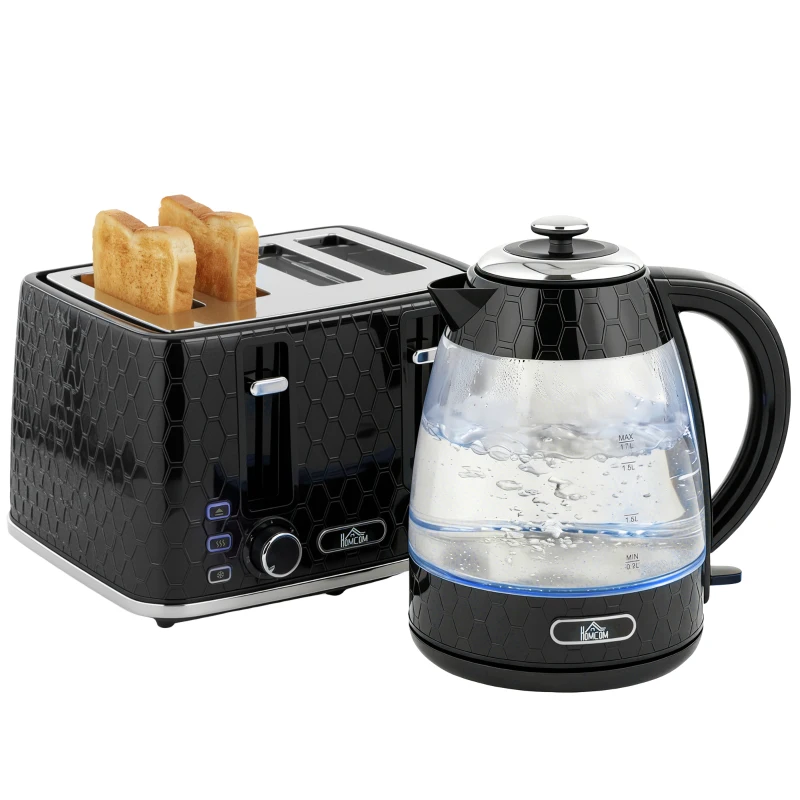 HOMCOM Kettle and Toaster Set, 1.7L 3000W Rapid Kettle with Strix Thermostat, 4 Slice Toaster with 7 Browning Controls, Black