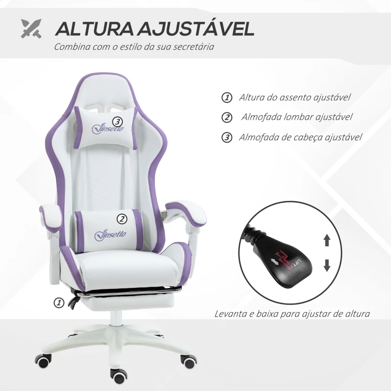 Vinsetto Cadeira Gaming de Couro PU com Altura Ajustável Reclinável 135° e Apoio para os Pés Retrátil 65x65x121-129 cm Branco e Roxo