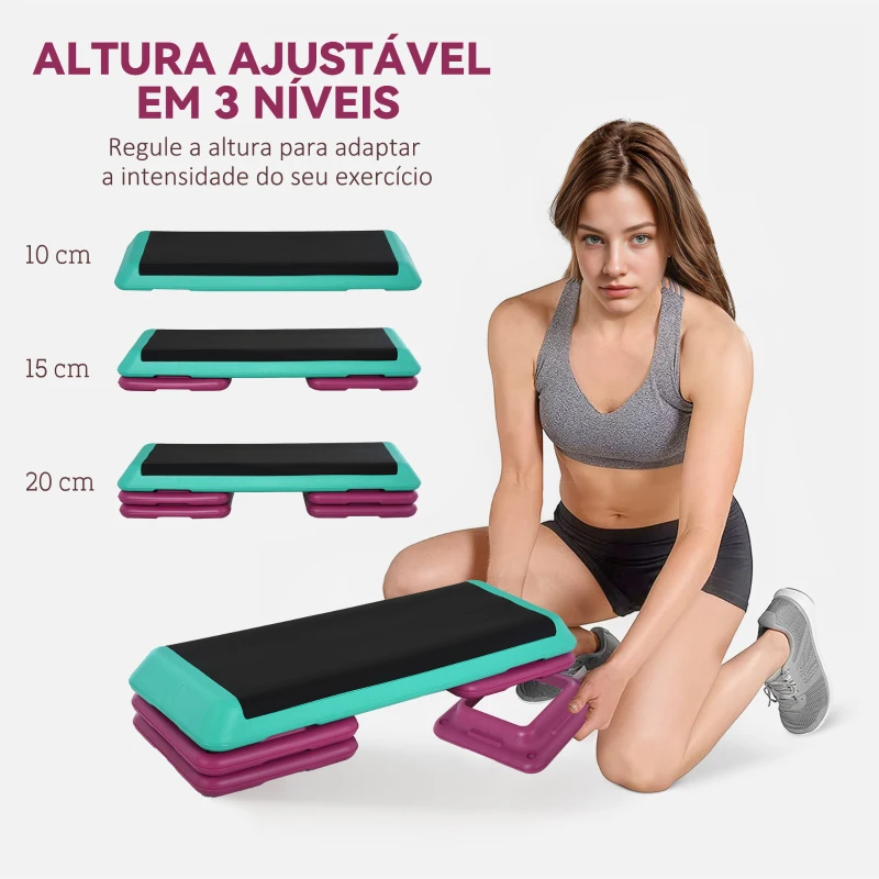HOMCOM Step para Fitness Antiderrapante Altura Regulável 3 Níveis de 10/15/20 cm para Exercício 110x40x20 cm Multicolor