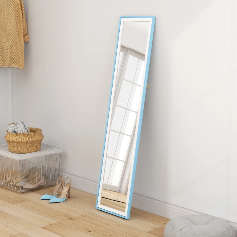 HOMCOM Miroir sur Pied Pleine Longueur avec Cadre en MDF Miroir Mural Rectangulaire avec 2 Modes d'Utilisation 37x4x157 cm Blanc et Bleu