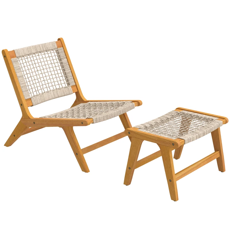 Outsunny Fotoliu de grădină cu taburet 2 piese lemn de acacia certificat FSC fotoliu lounge exterior cu șezut din ratan stil boho picioare reglabile