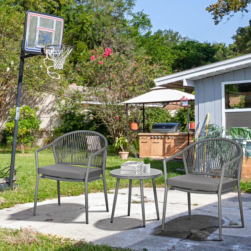 Outsunny Salon de jardin bistrot 3 pièces cadre en acier 2 fauteuils 1 table basse plateau en verre trempé coussins inclus gris