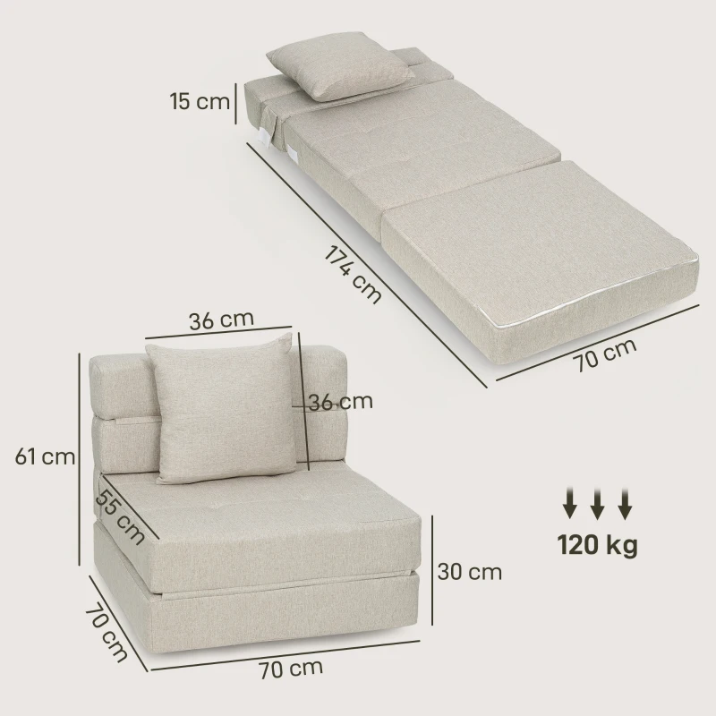 HOMCOM Klappbarer Schlafsessel 1‑Sitzer mit 1 abnehmbarem Kissen, beiger Stoff