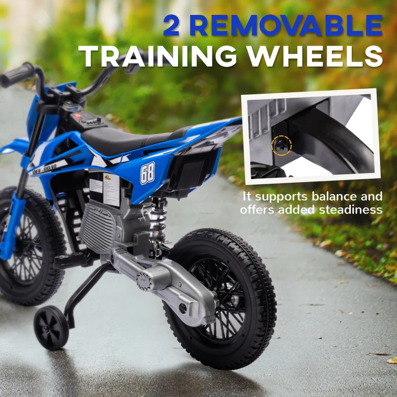 AIYAPLAY 12V Kids Electric Motorbike, Kids Electric Ride on Motorcycle, Battery Powered Toy with Twist Grip Throttle, Training Wheels, Suspension System, Music, for Ages 3-6 Years - Blue