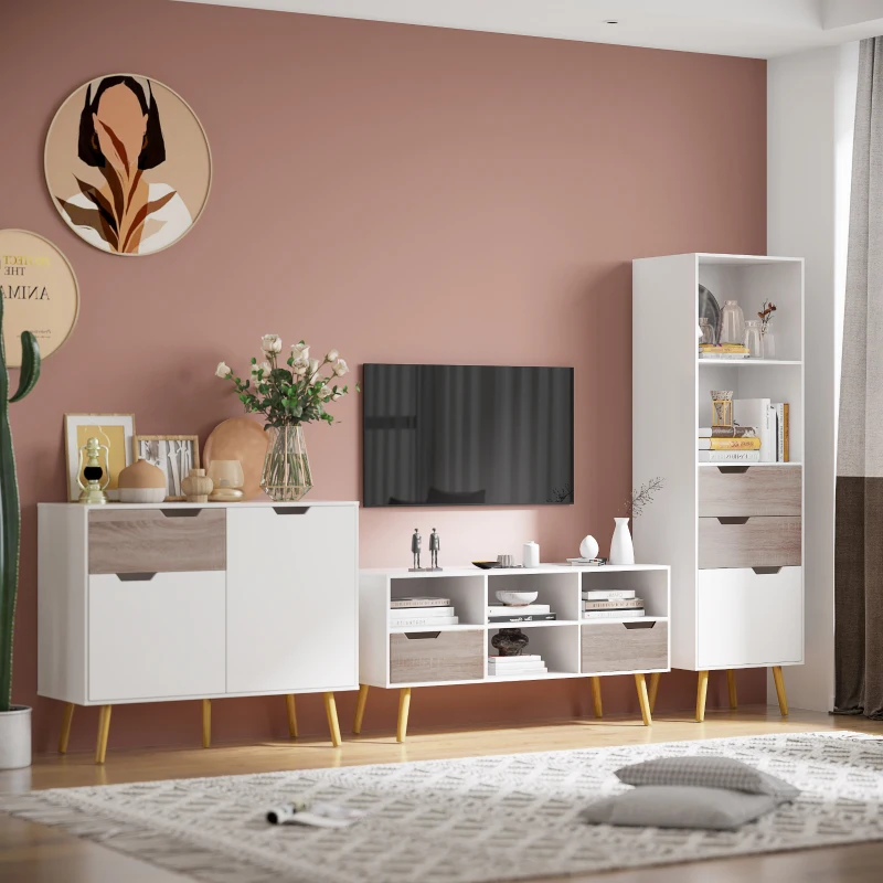 HOMCOM Buffet Meuble de rangement sur pied scandinave placards pour Salle de bain, salon, Cusine, Pieds en Bois Massif pin - Blanc - dim. 98L x 39l x 81,5H cm