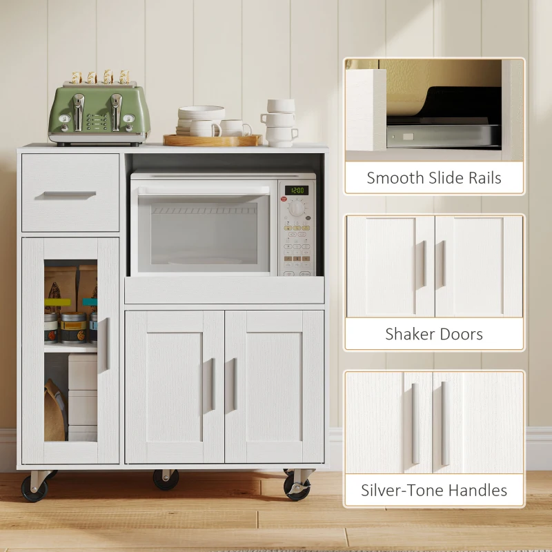 HOMCOM Szafka kuchenna na kółkach, mobilna komoda kuchenna z półkami, szufladami, regulowanym regałem, otworem na kable, biała