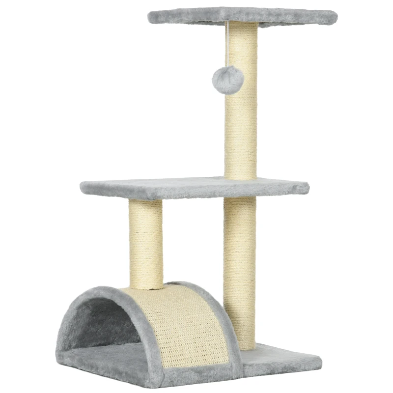 PawHut Arbre à Griffer pour Chats Moyen 3 Niveaux avec Griffoir en Arche Plateformes Poteaux et Boule 40x35x72 cm Gris Clair