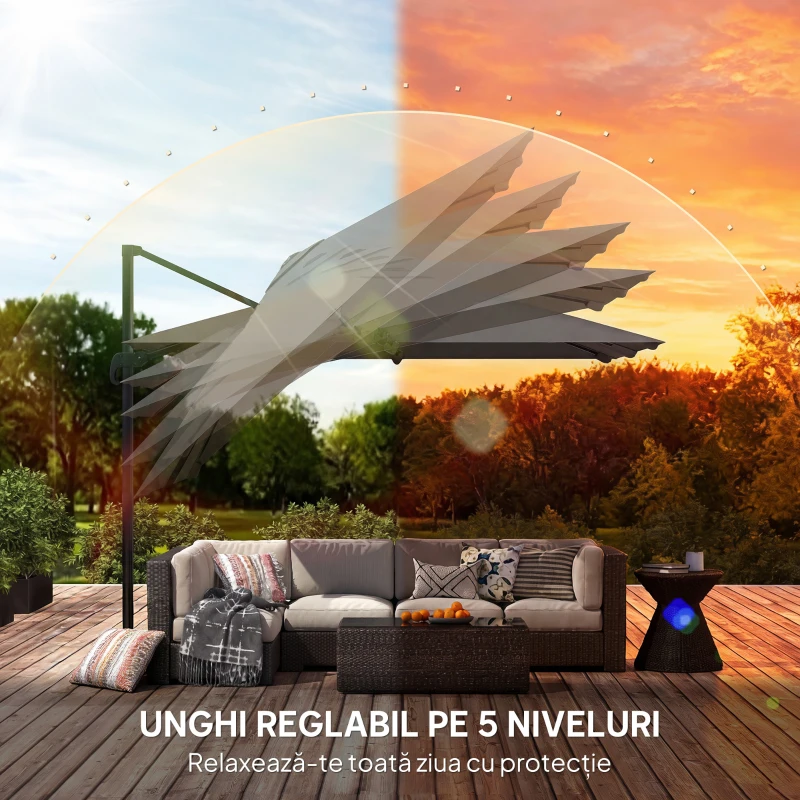 Outsunny Umbrelă de Grădină Decentralizată cu Manivelă 3x3m, Înclinabilă, Rotativă 360°, Umbrelă de Exterior Pătrată cu Bază Cruce, din Aluminiu, pentru Terasă sau Piscină, UV30+, Gri Închis