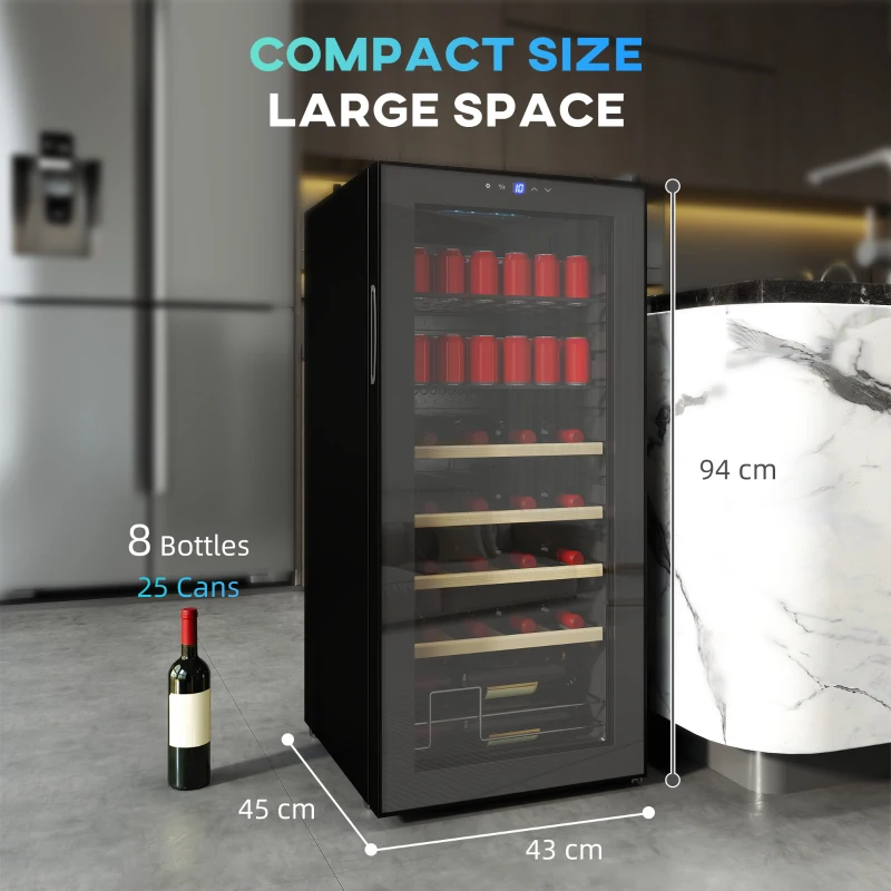 HOMCOM Vitrină Frigorifică pentru Vinuri 20 Sticle 92L Silențioasă Temperatura Reglabilă 5-18℃ Frigider Vinuri Bar cu Sticlă Anti UV, Rafturi, Compresor, Display Touch, Lumină LED, Clasa G