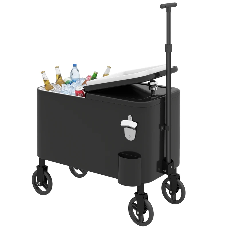 Outsunny Carrito Nevera de 56L con Ruedas Mango Ajustable Abrebotellas Recogetapas Drenaje y Asa 75x35x120 cm Negro