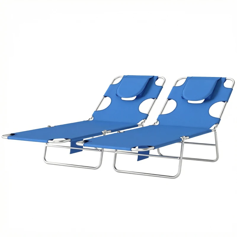 Outsunny 5-Position Adjustable Sun Loungers Set of 2 with Reading Hole and Side Pocket, Blue