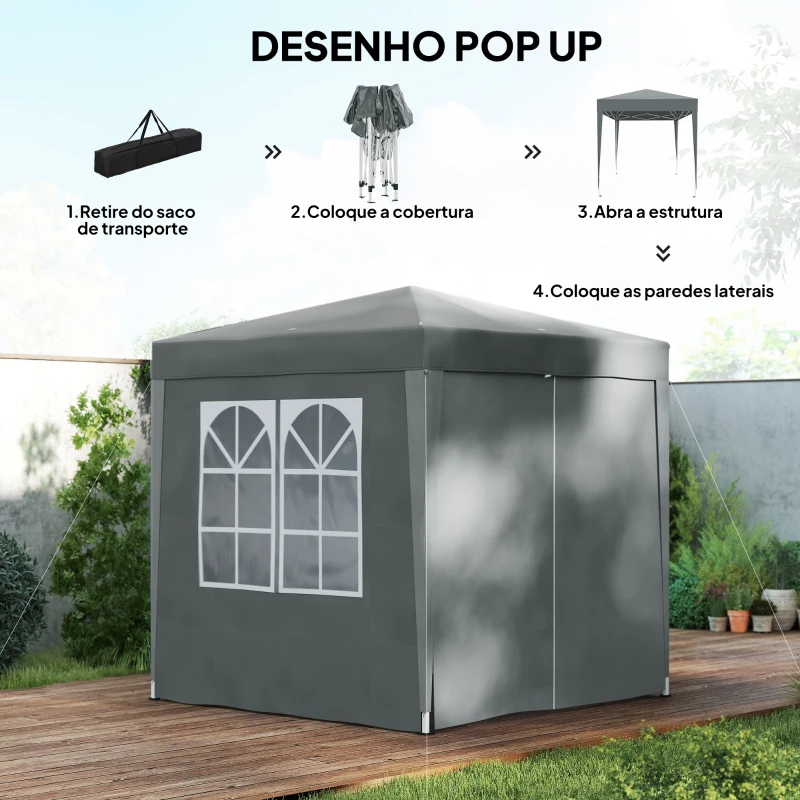 Outsunny Tenda Dobrável 2x2m com 4 Paredes Laterais Tecido Oxford 2 Janelas e Saco de Transporte Anti-UV Impermeável Cinzento