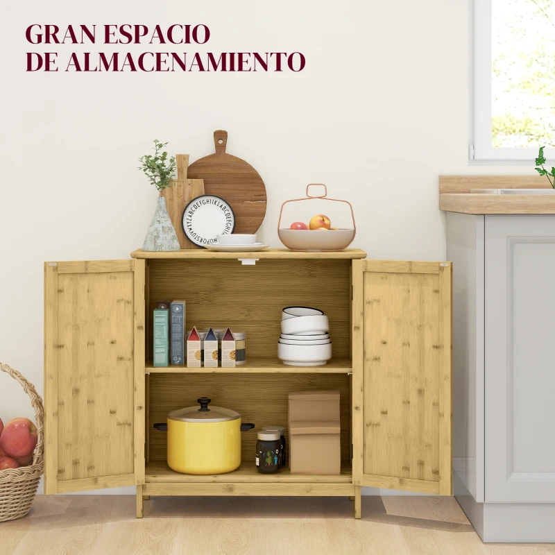 HOMCOM Aparador de Bambú de 2 Puertas Aparador de Salón Bohemio con 2 Estantes para Cocina Entrada 60x27x67,5 cm Natural