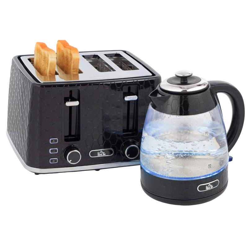 HOMCOM Kettle and Toaster Set, 1.7L 3000W Rapid Kettle with Strix Thermostat, 4 Slice Toaster with 7 Browning Controls, Black