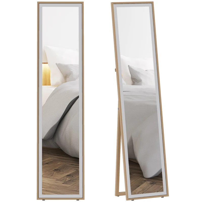 HOMCOM Ganzkörperspiegel mit MDF-Rahmen Rechteckiger Wandspiegel mit 2 Nutzungsarten 37x4x157 cm Silber und Naturholz