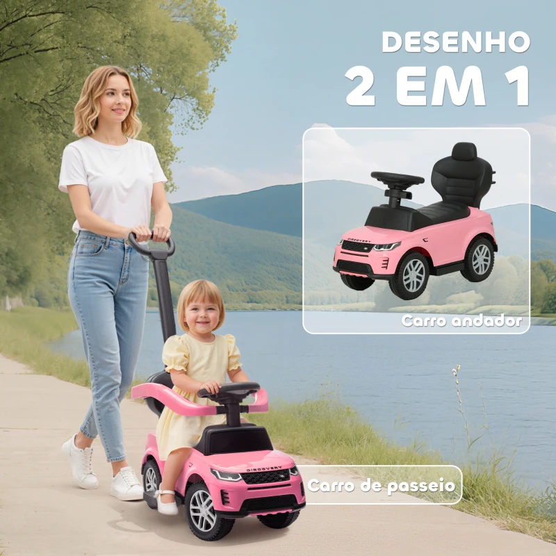 AIYAPLAY Carro Andador 2 em 1 para Crianças Land Rover Discovery com Buzina Pega de Empurrar e Barra Removíveis 84x40x94,5 cm Rosa