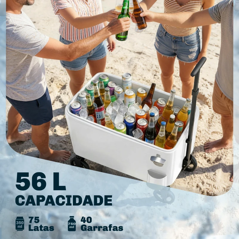 Outsunny Carro Frigorífico de 56L com Rodas Pega Ajustável Abre-garrafas Recolhe-tampas Dreno 75x35x120 cm Branco