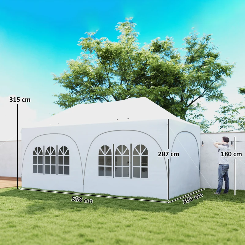 Outsunny 3 x 6m Pop Up Gazebo Shelter with Sides, 6 Sandbags, Peak Top Garden Party Tent Marquee with Carry Bag, Light Grey/White