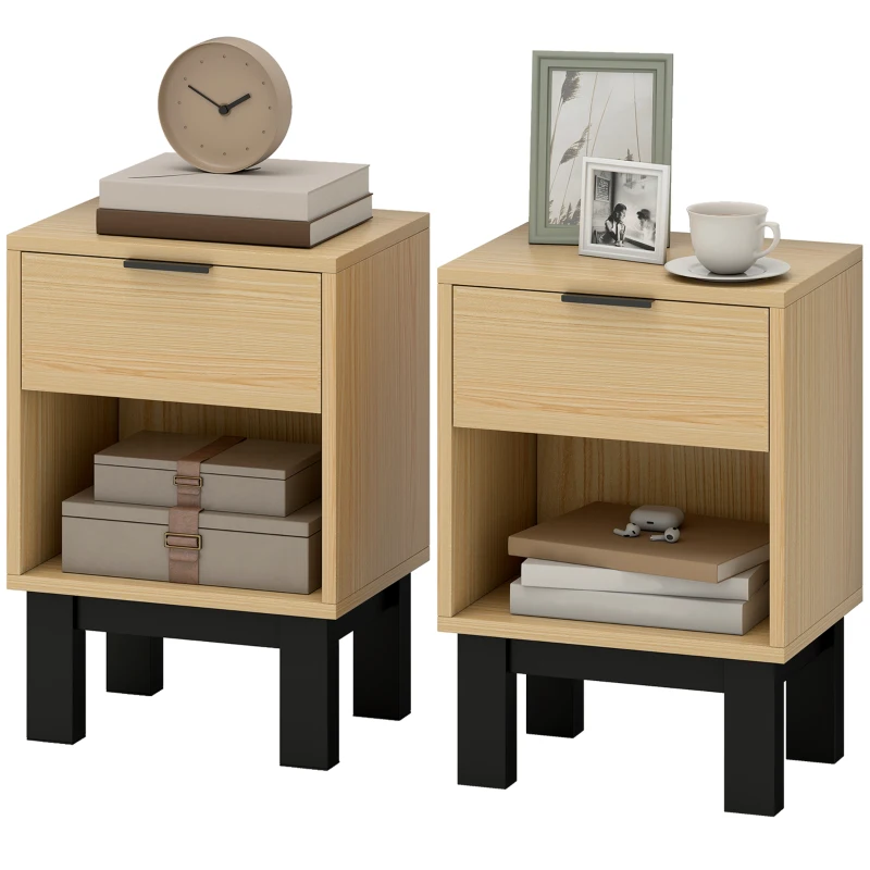 HOMCOM Set aus 2 schmalen Nachttischen Moderne Nachttische mit Schublade Offenes Fach 35x26x50 cm Eiche