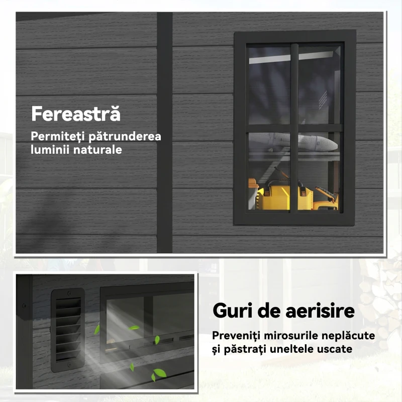Outsunny Magazie de Grădină 2.89m² din PP și Aluminiu cu Podea, Depozit Grădină cu Uși Duble cu Încuietoare, Aerisiri, 3 Ferestre, Acoperiș Înclinat, Mănuși, Gri Închis