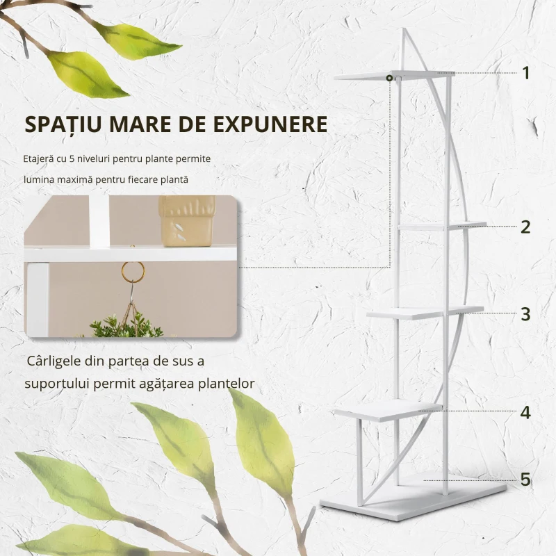 Outsunny Suport pentru plante cu 5 niveluri Scara in forma de jumatate de luna Suport pentru ghivece Raft pentru interior, exterior, camera de zi, studiu, balcon si dormitor
