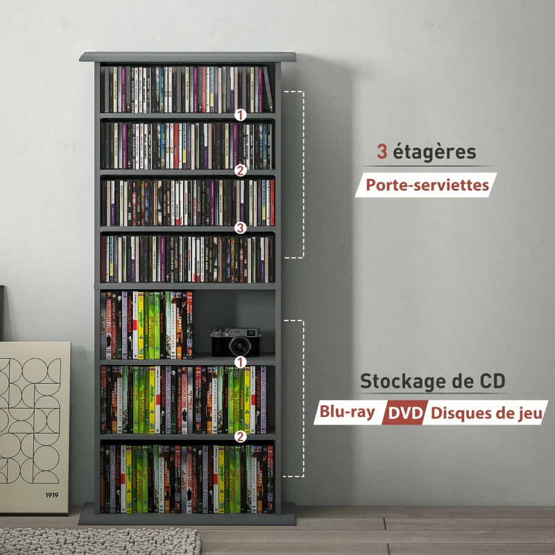 HOMCOM CD- und DVD-Aufbewahrung mit 8 Fächern und 6 verstellbaren Einlegeböden, Kapazität bis zu 360 CD/185 DVD & Blu-ray, grau