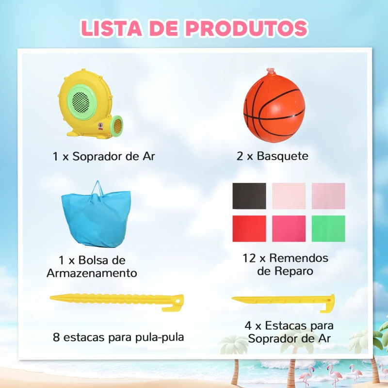 AIYAPLAY Castelo Insuflável para Crianças com Insuflador Escorrega Cama Elástica Piscina de Bolas Cesto de Basquetebol 255x230x196 cm Rosa
