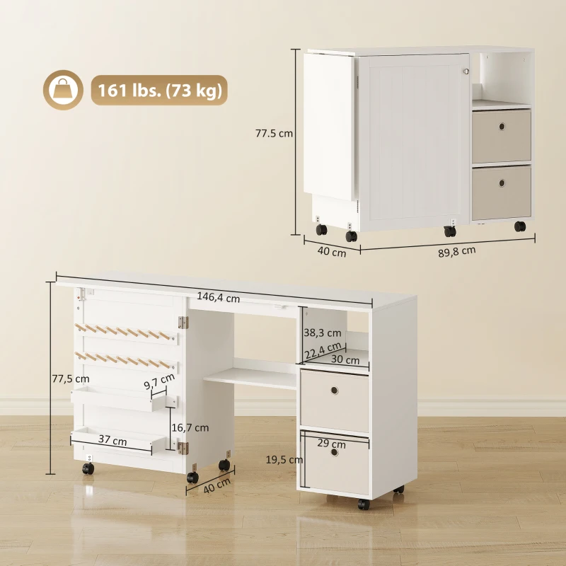HOMCOM Table de couture pliante, meuble couture à roulettes avec porte magnétique, 2 bacs, 2 tiroirs, 146,4x40x77,5cm, blanc(m-3)