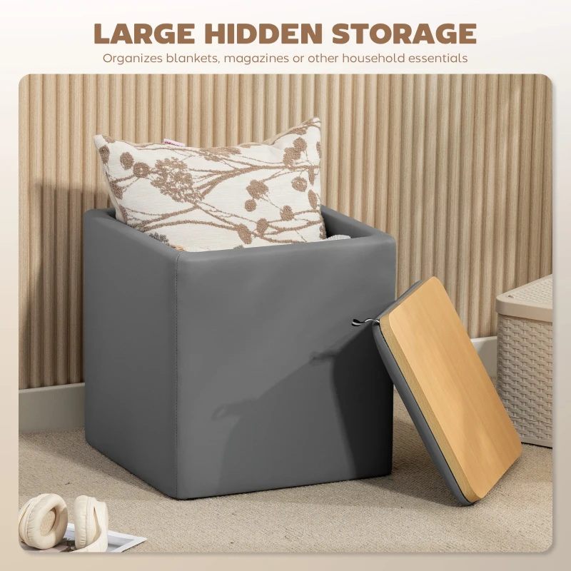 HOMCOM Taboret z Przestrzenią do Przechowywania, Kwadratowy Podnóżek, Pufa ze Skajem, 40 x 40 x 40 cm, Szary