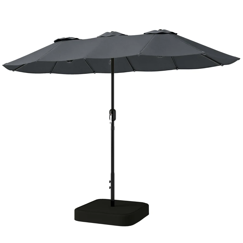 Outsunny Umbrelă Dublă cu 12 Spițe, Manivelă, Bază Metalică și Saci de Nisip, din Metal și Poliester, 3x1.5 m, Gri Închis