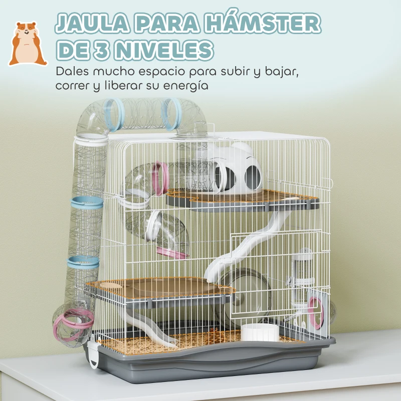 PawHut Jaula para Hámster con Túnel Plataformas Cuenco Bebedero Casita Rampas y Rueda de Ejercicio 45x30x45 cm Gris