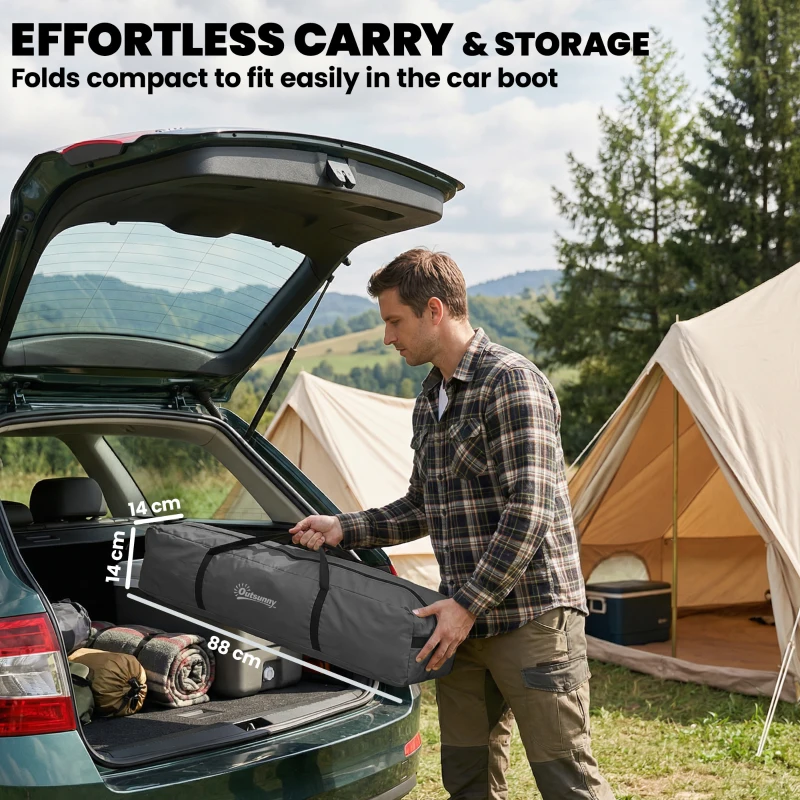 Outsunny Opvouwbaar windscherm met spankoorden, grondhaken en draagtas voor camping en tuin, 480 x 120 cm, donkergrijs